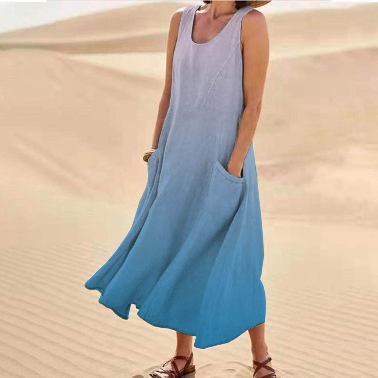 thumbnail image 2 of Vestido largo informal de verano con cuello redondo y estampado degradado para mujer, 2 of 6
